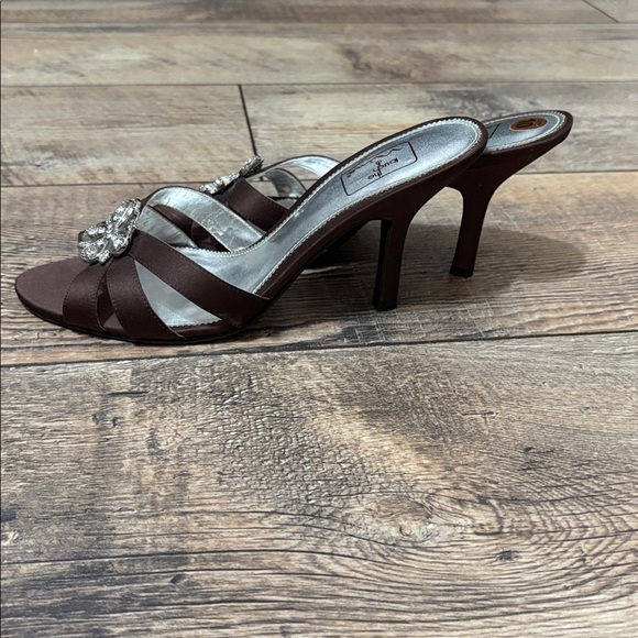 Boutique Brown Satin Heeled Mules with Crystal Flower - Picture 2 of 5